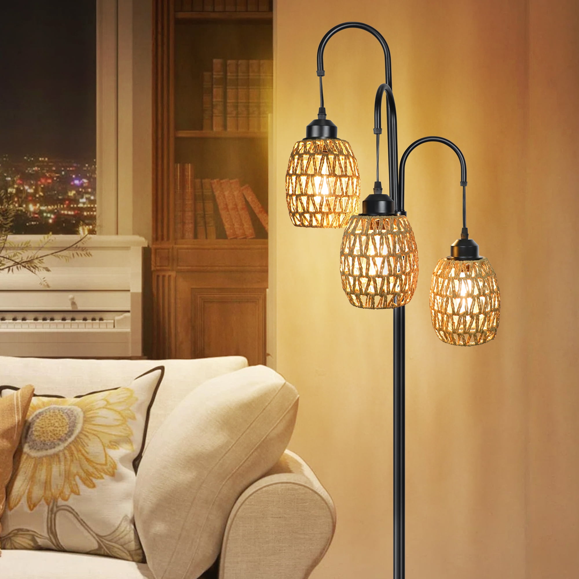 Black Metal Arc Floor Lamp with Rattan Shades