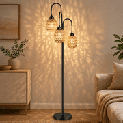 OUTON 3-Light Floor Lamp for Living Room ,69 Dimmable Tall Standing Lamp with Rattan Lampshade, Farmhouse Floor Lamp with 3 LED Bulbs for Bedroom Office, Boho