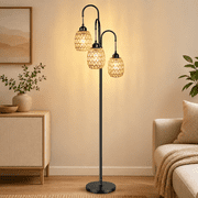 OUTON 3-Light Floor Lamp for Living Room ,69 Dimmable Tall Standing Lamp with Rattan Lampshade, Farmhouse Floor Lamp with 3 LED Bulbs for Bedroom Office, Boho