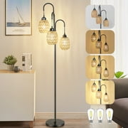 OUTON 69'' Tree Floor Lamp for Living Room Clearance, 3 Light Dimmable Tall Standing Lamp with Rattan Lampshade, Farmhouse Floor Lamp with 3 LED Bulbs for Bedroom Office, Boho