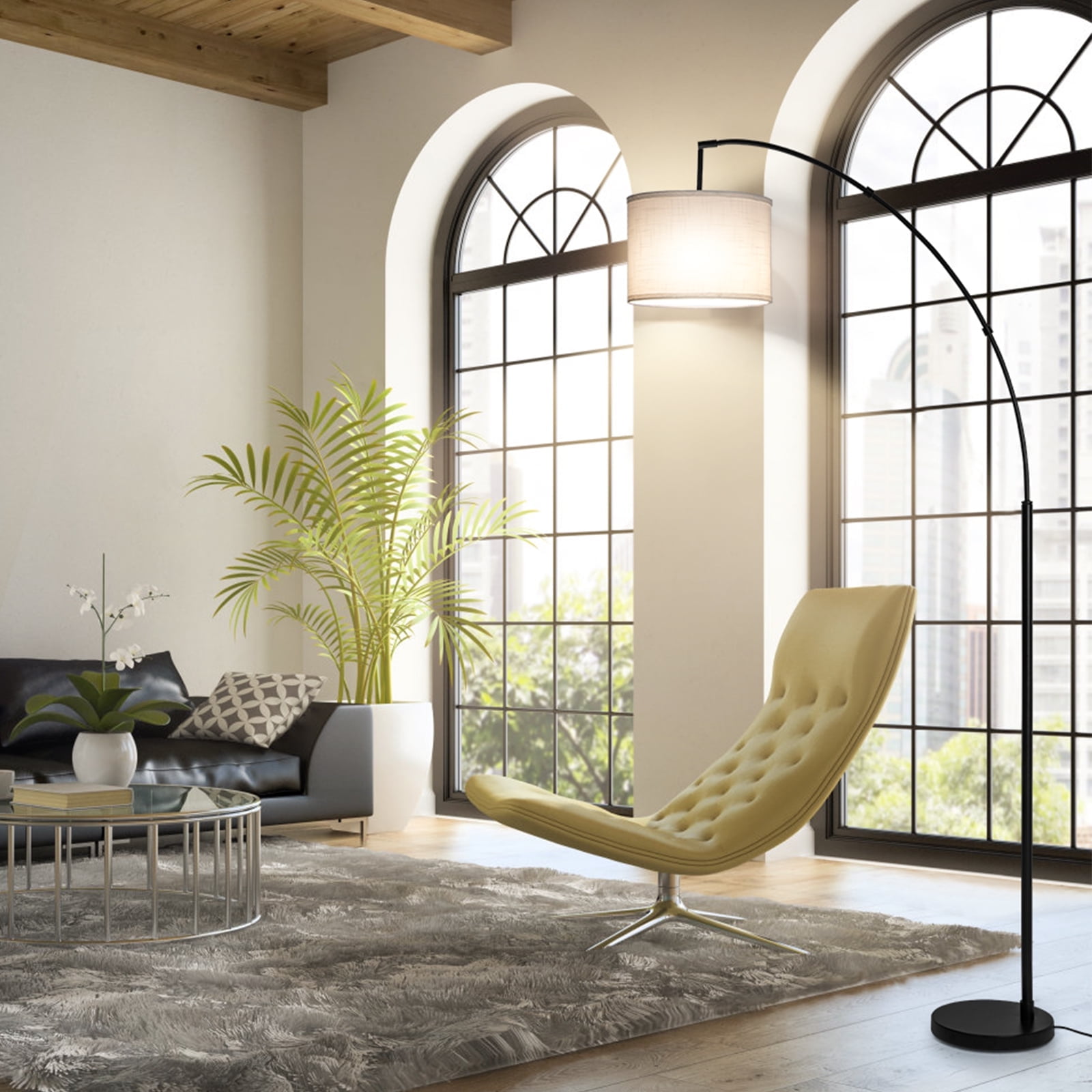 OUTON 81" Arc Floor Lamp with Remote,  4 Color Temperatures LED Dimmable Modern Standing Lamps, Adjustable Linen Shade Tall Lamp for Living Room, Bedroom (Black+White Shade)