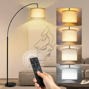 OUTON 81" Arc Floor Lamp with Remote for Living Room, LED Dimmable Modern Standing Lamps with 4 Color Temperatures, Adjustable Linen Shade, Tall Light for Bedroom (Black+Beige Shade)