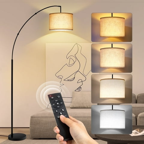 OUTON 81" Arc Floor Lamp with Remote for Living Room, LED Dimmable Modern Standing Lamps with 4 Color Temperatures, Adjustable Linen Shade, Tall Light for Bedroom (Black+Beige Shade)