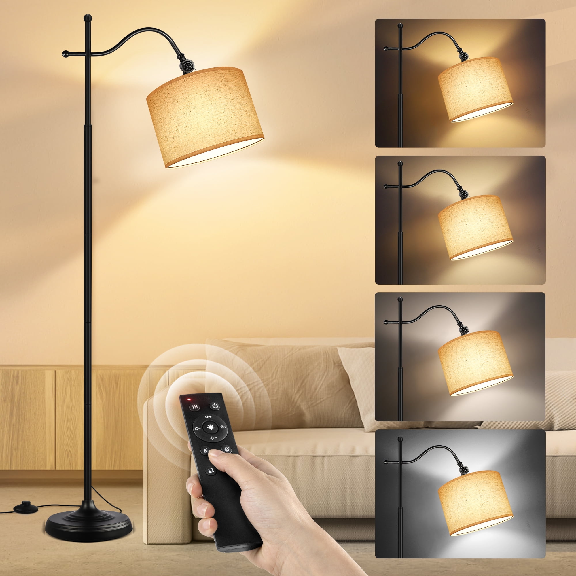 OUTON Arc Floor Lamp with Remote, 67" Retro Dimmable Standing Lamp with 4 Color Temperatures, Metal Tall Lamps for Living Room Bedroom, 9W Bulb Included,Black