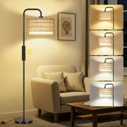 OUTON Arc Floor Lamp with Remote, Rattan Dimmable Standing Lamp with 4 Color Temperatures, Metal Tall Lamps for Living Room Bedroom, 9W Bulb Included,Black