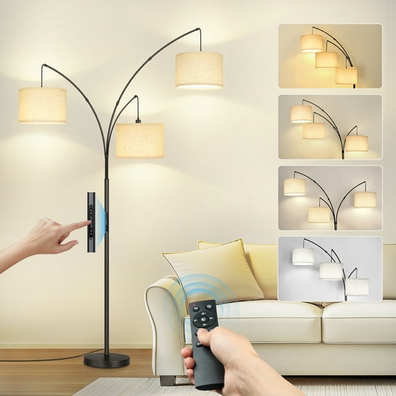 OUTON Arc Floor Lamp with Remote and Touch Control,3 Light Mordern Standing Lamps with Linen Lamp Shade for Living Room,Bedroom,3 Bulbs Includes(Brown)