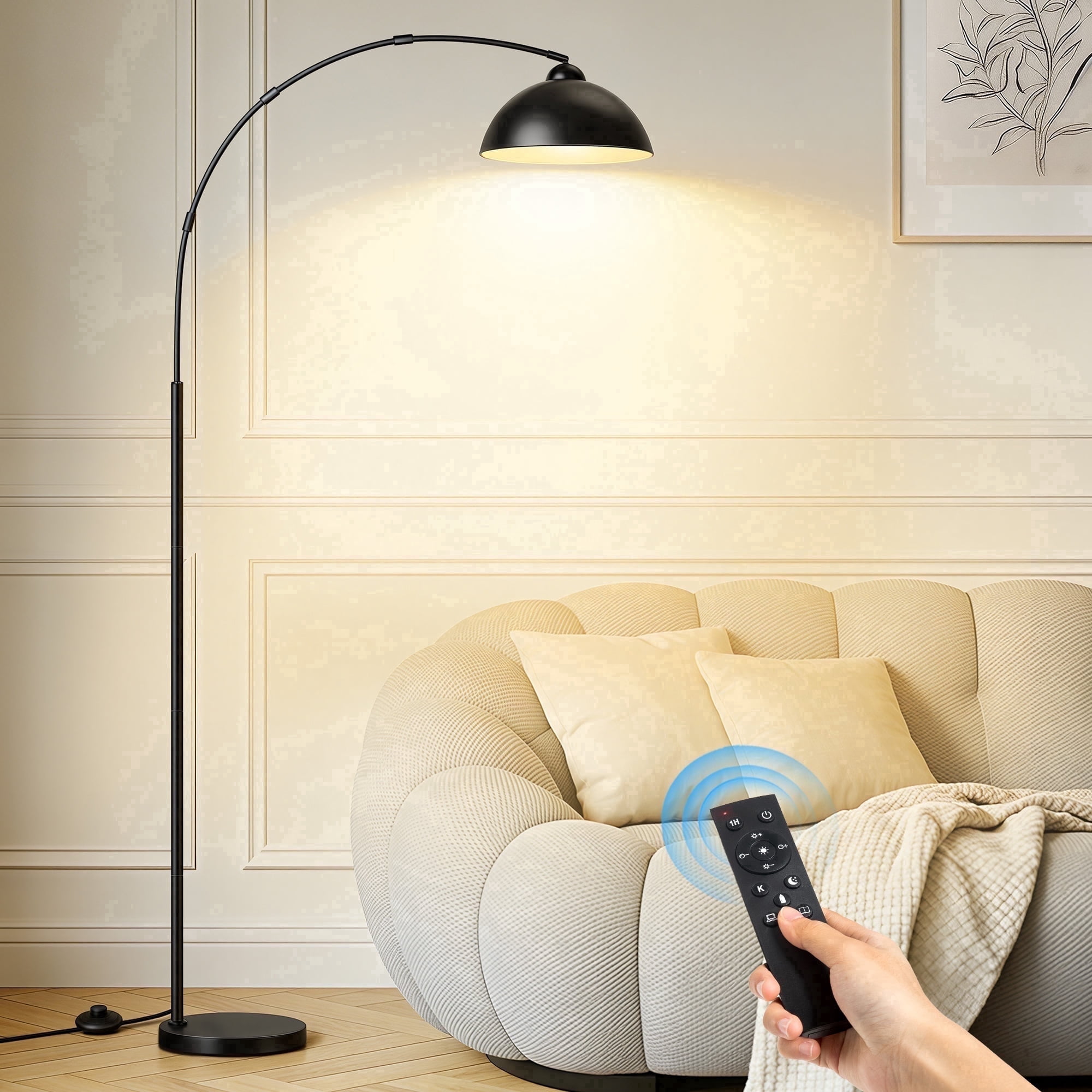 OUTON Arc Floor Lamp with Remote for Living Room, LED Dimmable Modern Standing Lamps with 4 Color Temperatures, Tall Light for Bedroom, Black