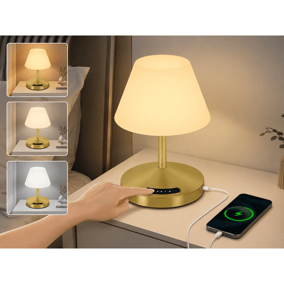 OUTON Bedside Table Lamp for Bedroom, 3 Way Dimmable Cordless Touch Lamp with USB A+C Charging Ports,Nightstand Lamp for Living Room,Office