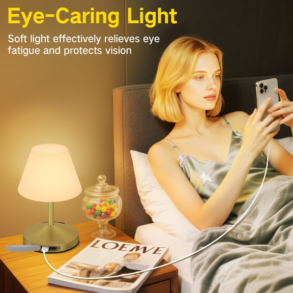 OUTON Rechargeable Cordless Table Lamp , 3-Color Dimmable Stepless Dimming Touch Control Wireless Mini Lamp Battery Operated Lamp For Bedroom Living Room