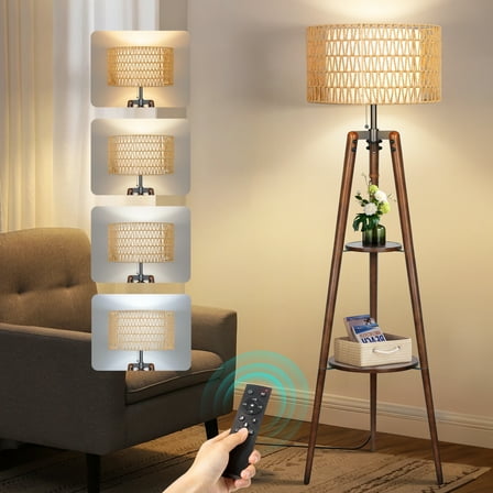OUTON Boho Rattan Tripod Floor Lamp with Shelves, Dimmable Standing Lamp with Remote Control,Wood Tall Floor Lamps for Living Room Bedroom Office Farmhouse (Bulb Included)
