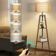 OUTON Boho Rattan Tripod Floor Lamp with Shelves, Dimmable Standing Lamp with Remote Control,Wood Tall Floor Lamps for Living Room Bedroom Office Farmhouse Bulb Included