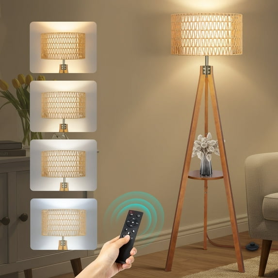 OUTON Boho Rattan Tripod Floor Lamp with Shelves, Dimmable Standing Lamp with Remote Control,Wood Tall Floor Lamps for Living Room Bedroom Office Farmhouse, Square Walnut