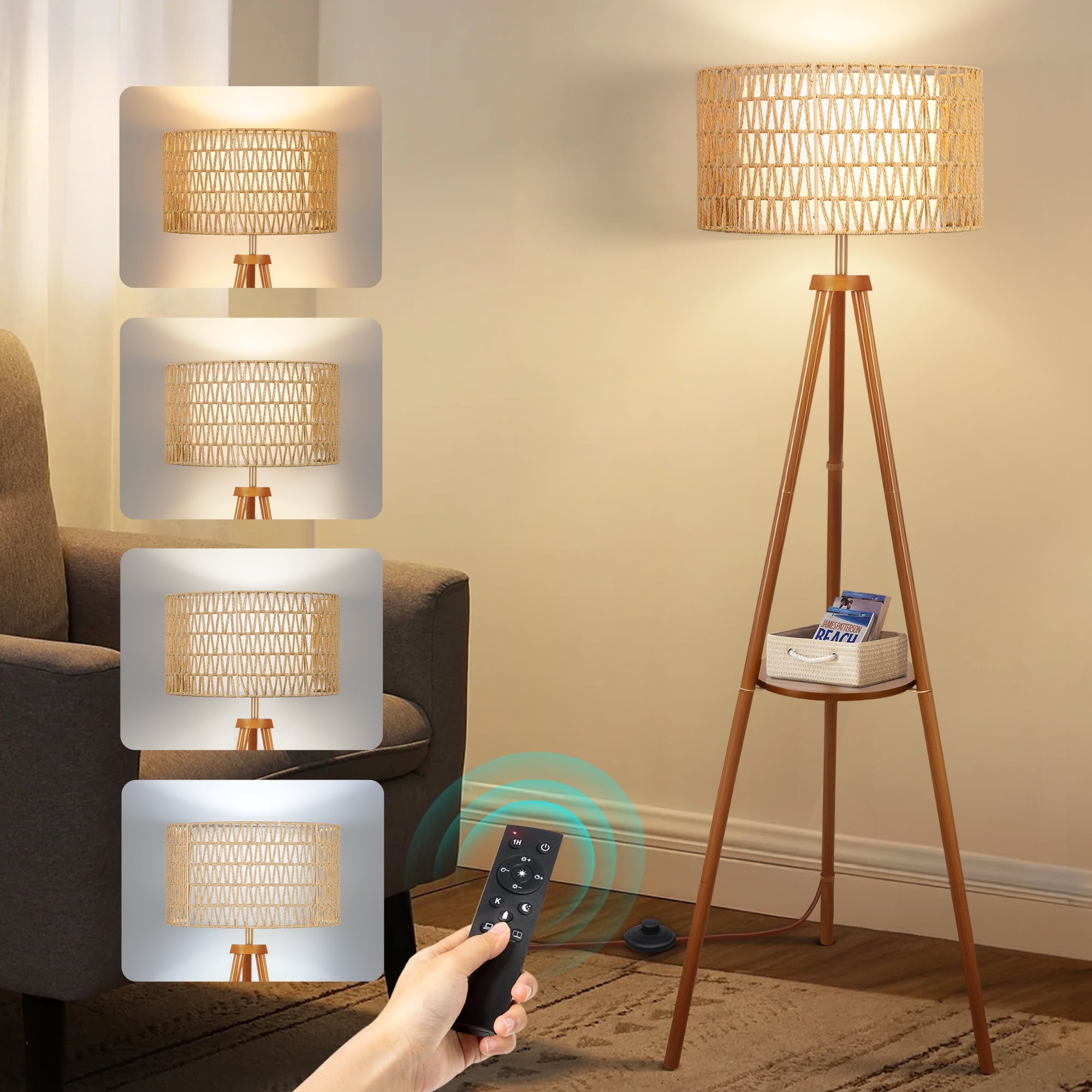 OUTON Boho Rattan Tripod Floor Lamp with Shelves, Dimmable Standing Lamp with Remote Control,Wood Tall Floor Lamps for Living Room Bedroom Office Farmhouse, Walnut
