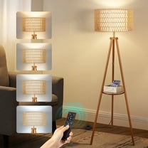 OUTON Boho Rattan Tripod Floor Lamp with Shelves, Dimmable Standing Lamp with Remote Control,Wood Tall Floor Lamps for Living Room Bedroom Office Farmhouse, Walnut