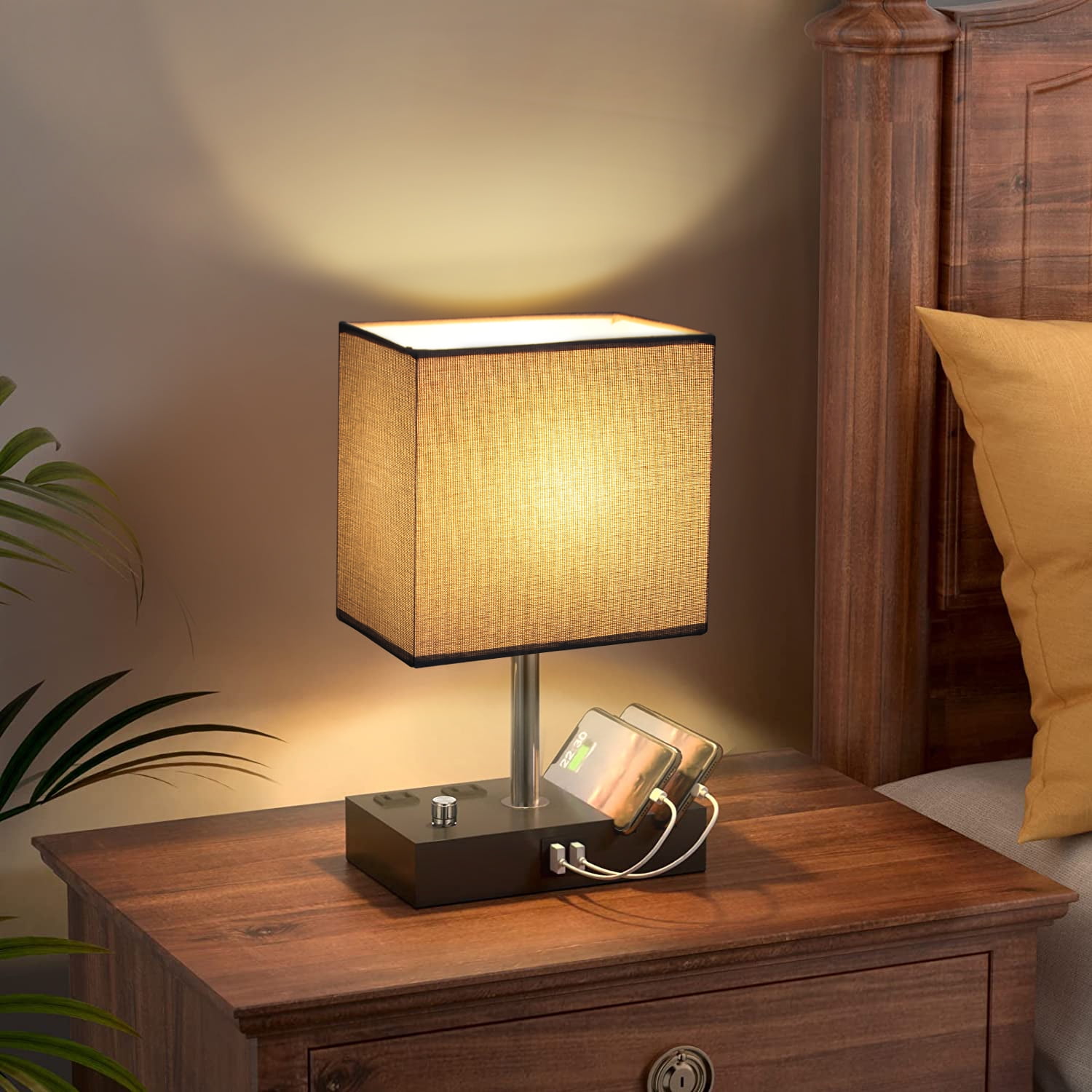 OUTON Dimmable Bedside Table Lamps with Charging Outlets and 2 Phone