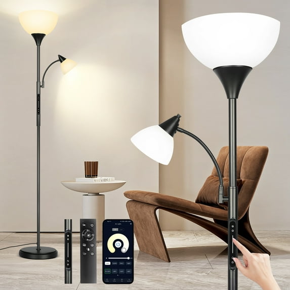 OUTON Dimmable Floor Lamp with Reading Light, LED Torchiere Standing Lamp with Remote Control, APP, Alexa, Color Changing Smart Lamp for Living Room, Black