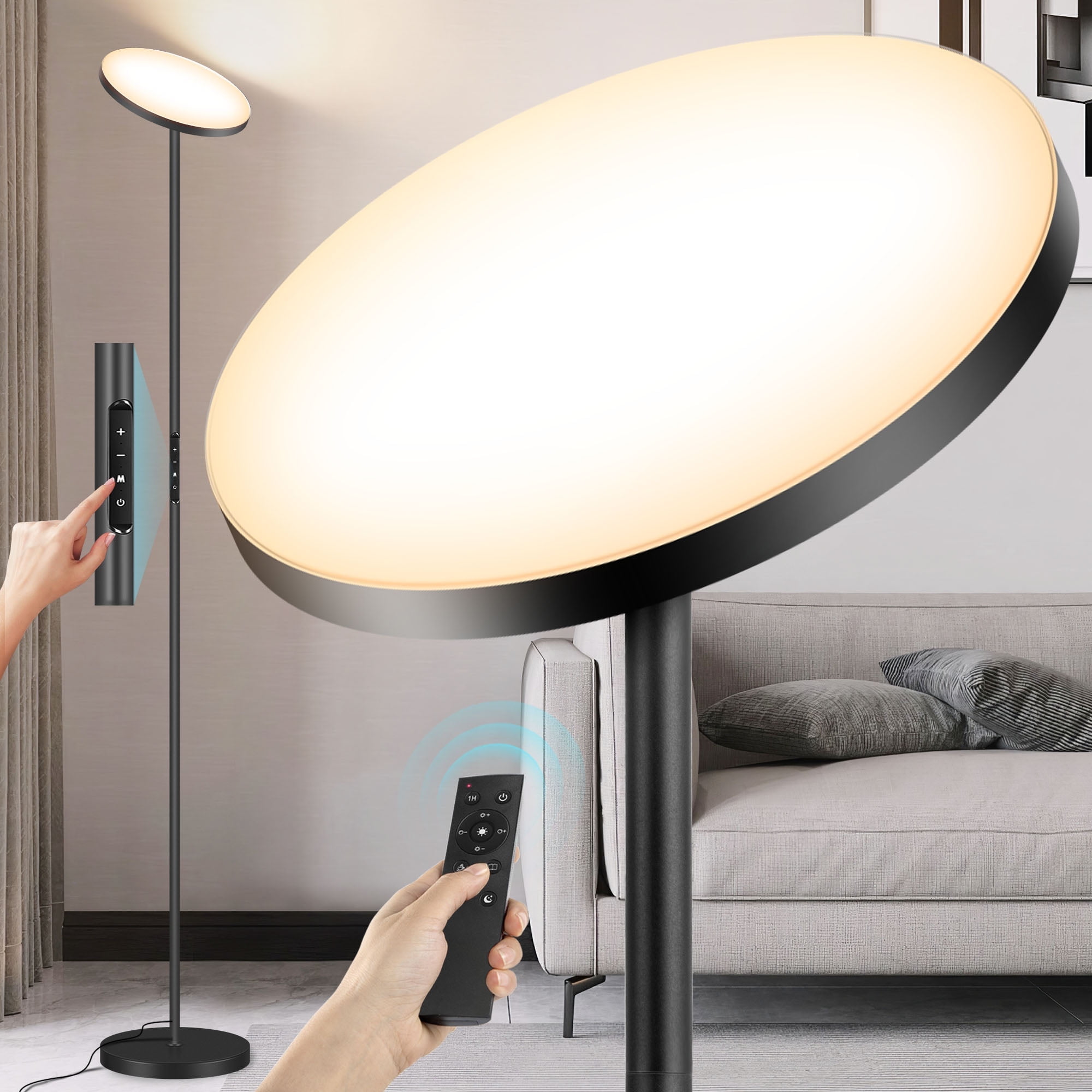 OUTON Torchiere Floor Lamp with Remote, Super Bright Standing Lamp, 4 Color Temperature, Modern LED Tall Lamp for Living room, Bedroom, Black