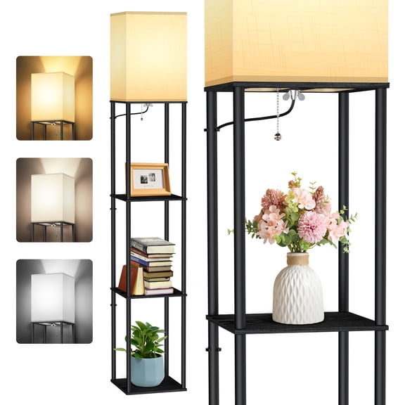 OUTON 62'' Floor Lamp with Shelves, 3 Color Temperature Adjustable Standing Lamp with LED Bulb Included, office, Easy Assembly Modern Storage Floor Lamp for Living Room, Bedroom, Black