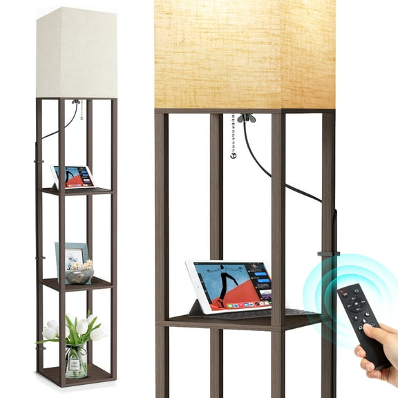 OUTON  Floor Lamp with Shelves, 3 Color Temperature with Linenshade, Dimmable with Remote & Pull Chain Switch Control for Living Room, Bedroom, Walnut
