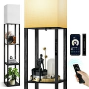 OUTON Floor Lamp with Shelves, Dimmable Standing Lamp with Remote & Touch Control & APP, 4 Color Temperature with Linenshade for Living Room, Bedroom, Black