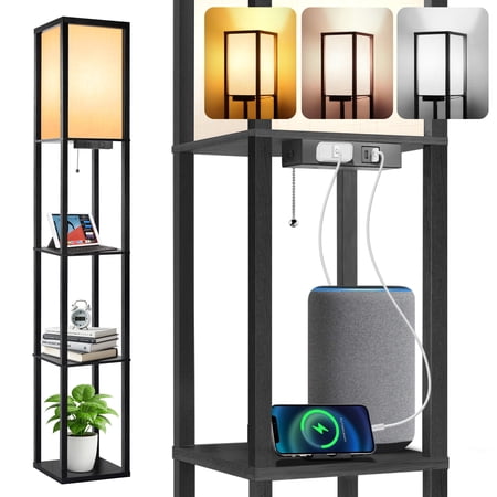 OUTON Floor Lamp with Shelves, Standing Lamp with USB & Type C & Power Outlet, 3 Color Temperature with Linenshade for Living Room, Bedroom, Black price history and forecast - Outon CJD01-2