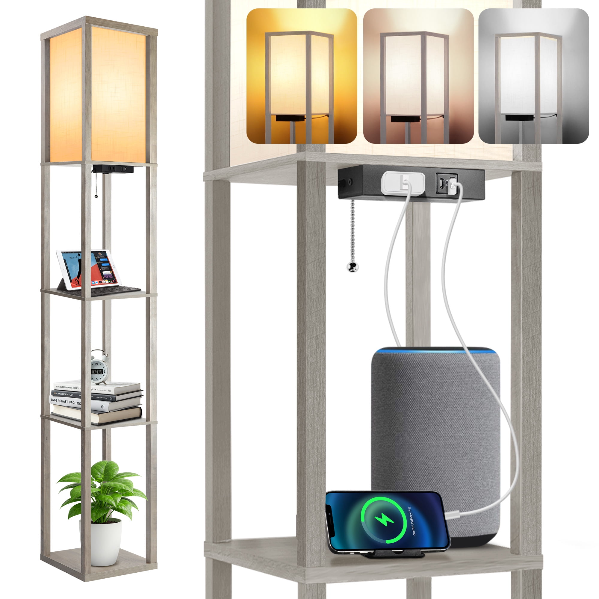 OUTON Floor Lamp with Shelves, LED Shelf Floor with USB & Type C Prots, 3 Color Temperatures, Wood Tall Standing Lamp with Linen Shade for Living Room, Bedroom, Grey