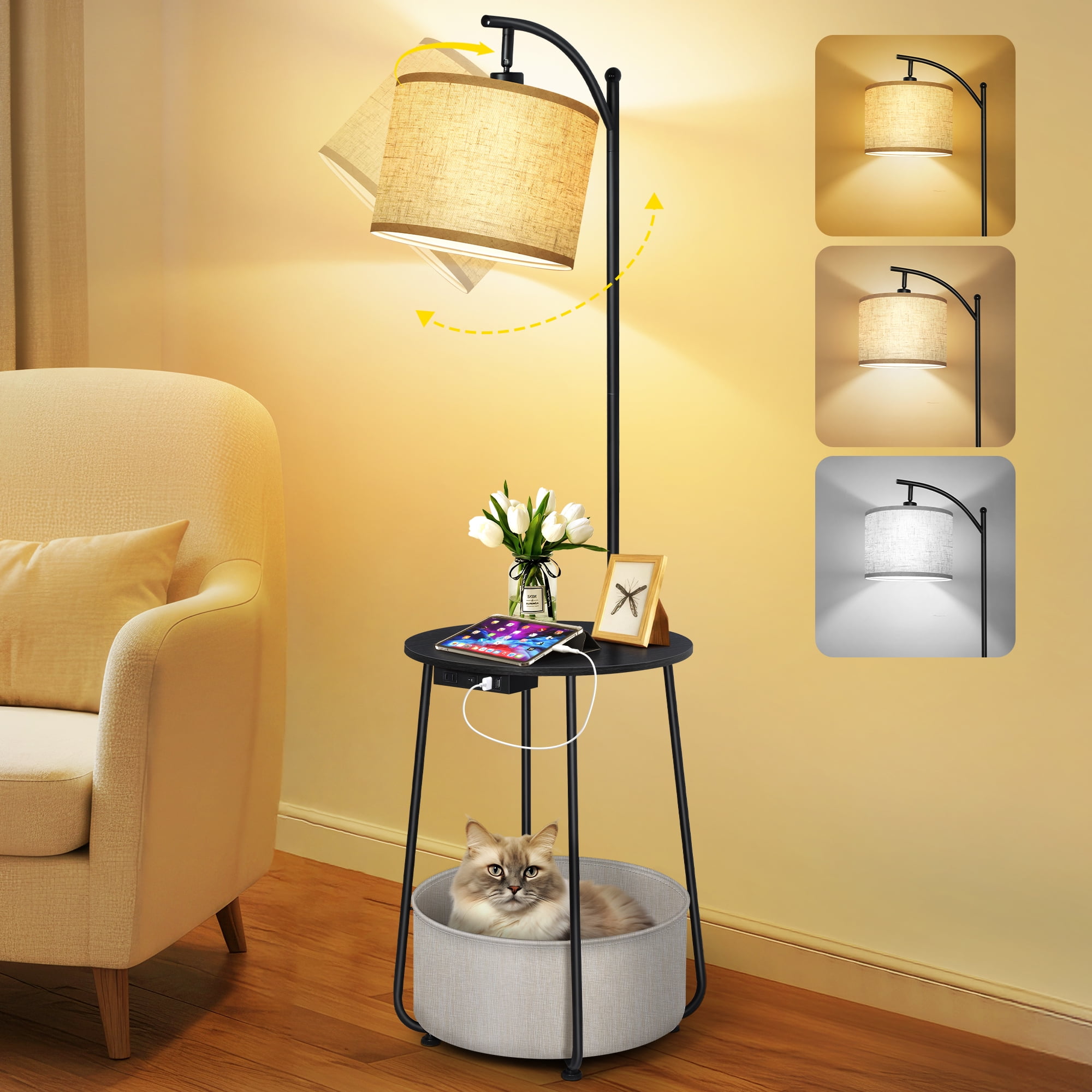 OUTON Floor Lamp with Table, Modern Dimmable Standing Lamp with Shelves, USB Charging Port, AC Outlet, Side End Table with Lamp Attached, Narrow Night OUTON Walnut Floor Lamp with Table, End Table with Lamp for Living Room  with USB \u0026 Type C Charging Port, Dimmable Lamps for Nightstand Attached for