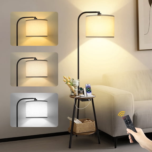 OUTON Floor Lamp with Table, End Table with Lamp for Living Room with USB & Type C Charging Port, Dimmable Lamps for Nightstand Attached for Bedroom, Brown