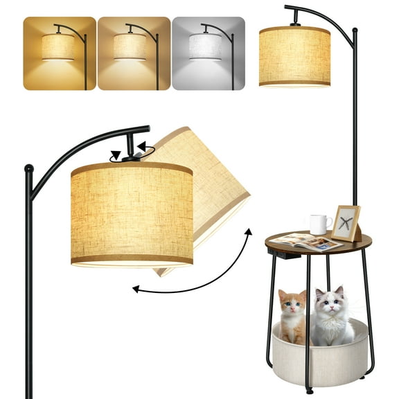 OUTON Floor Lamp with Table, End Table with Lamp for Living Room with USB & Type C Charging Port, Dimmable Lamps for Nightstand Attached for Bedroom, Brown