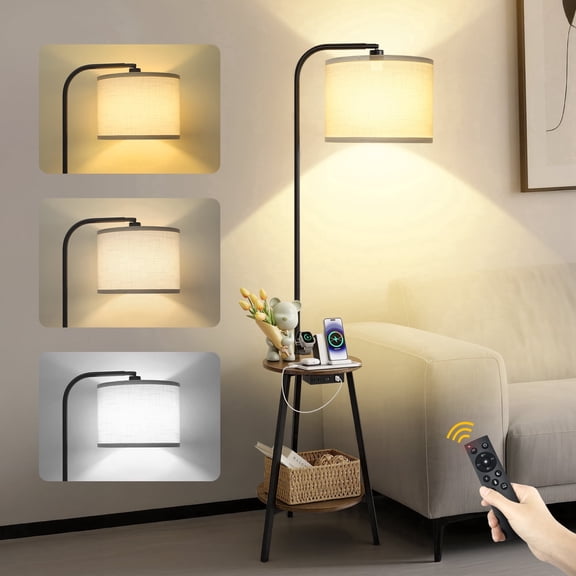 OUTON Floor Lamp with Table, End Table with Lamp for Living Room with USB & Type C Charging Port, Dimmable Lamps for Nightstand Attached for Bedroom, Brown