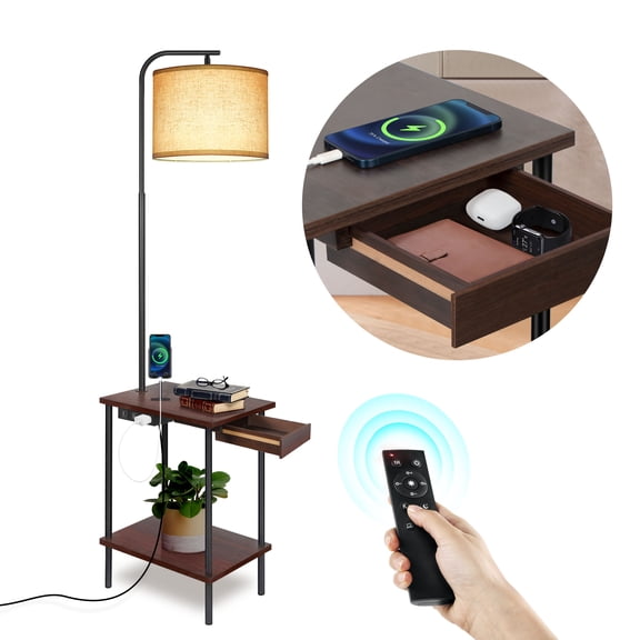 OUTON Floor Lamp with Shelf and Remote for Living Room, Floor lamp with Table ,End Table with Lamp for Bedroom, side table with lamp