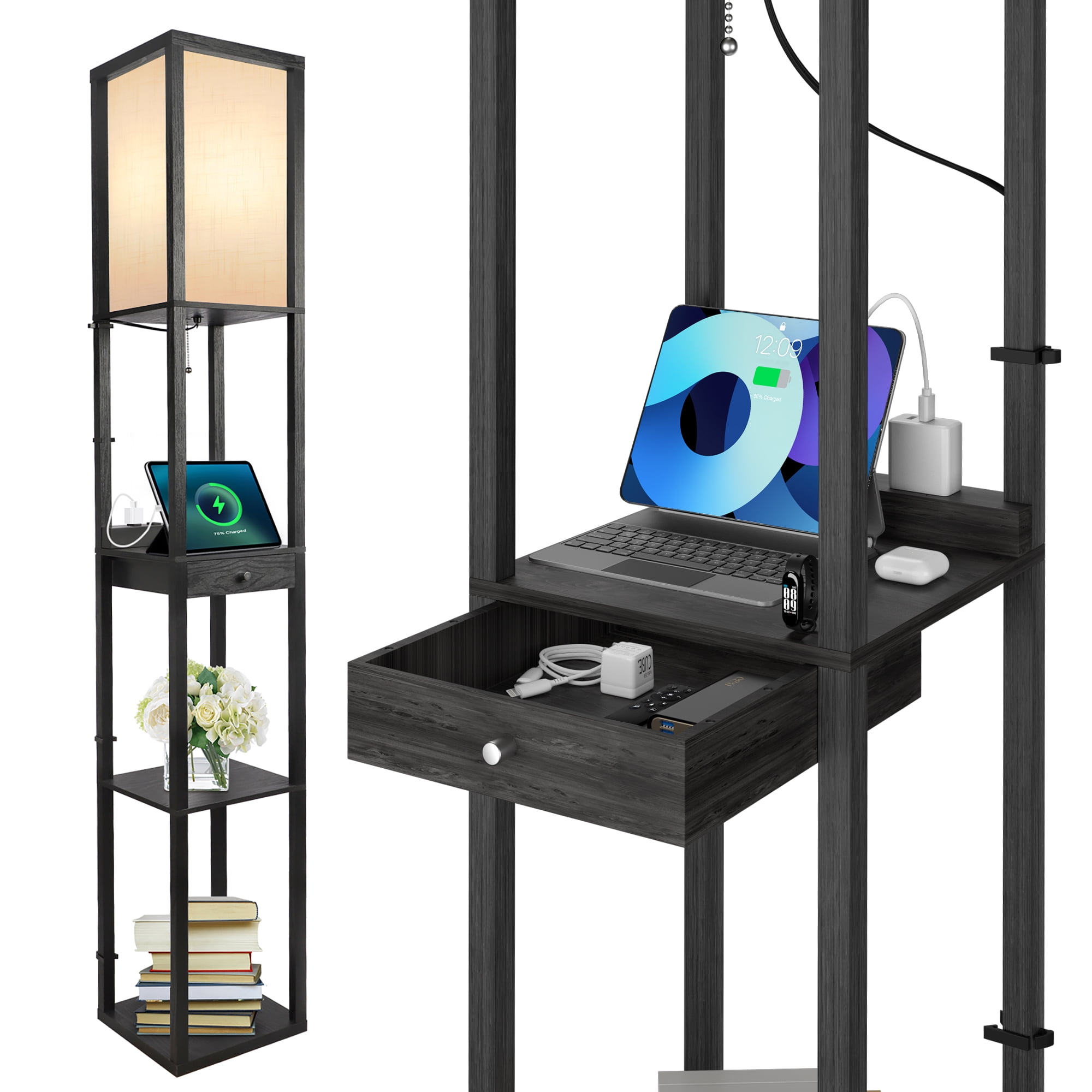 OUTON Floor Lamp with Shelves & Drawer, LED Standing Lamps with 3 Color Temperature, USB Ports and Power Outlet for Living Room, Office, Black