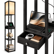 OUTON 63.7"&nbsp;Floor Lamp with Shelves and Drawer, 3 Color Temperature LED, USB-C, USB & 2 Outlets, Tall Corner Standing Lamp for Living Room, Bedroom and Office, Black