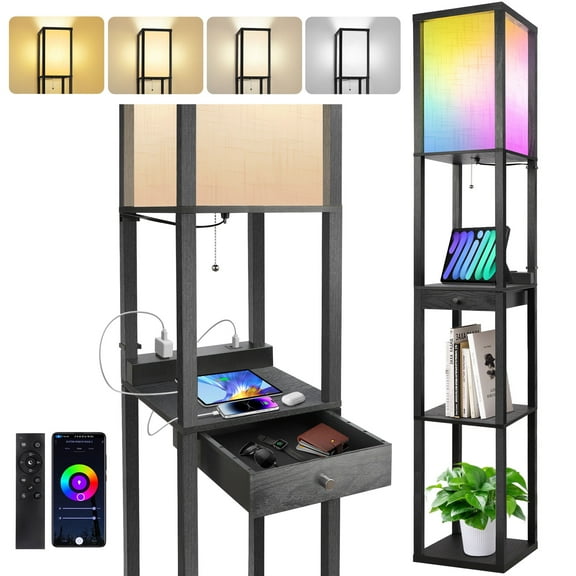 OUTON Floor Lamp with Shelves & Drawer, RGB LED Standing Lamps with 4 Color Temperature, USB Ports and Power Outlet for Living Room, Office, Black