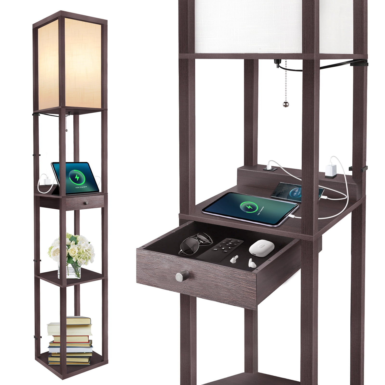 OUTON Floor Lamp with Shelves, Standing Lamp with Drawer & USB Ports & Power Outlet , Tall LED with Linen Shade for Living Room, Bedroom(Brown)