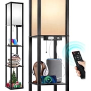 OUTON Floor Lamp with Shelves and Charging, 63.7 Dimmable Standing Tall Wood Shelf Lamp with Remote for Living Room, Bedroom, Black