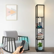 OUTON Floor Lamp with Shelves and Charging,  63.7''  Dimmable Standing Tall Wood Shelf Lamp with Remote for Living Room, Bedroom, Black