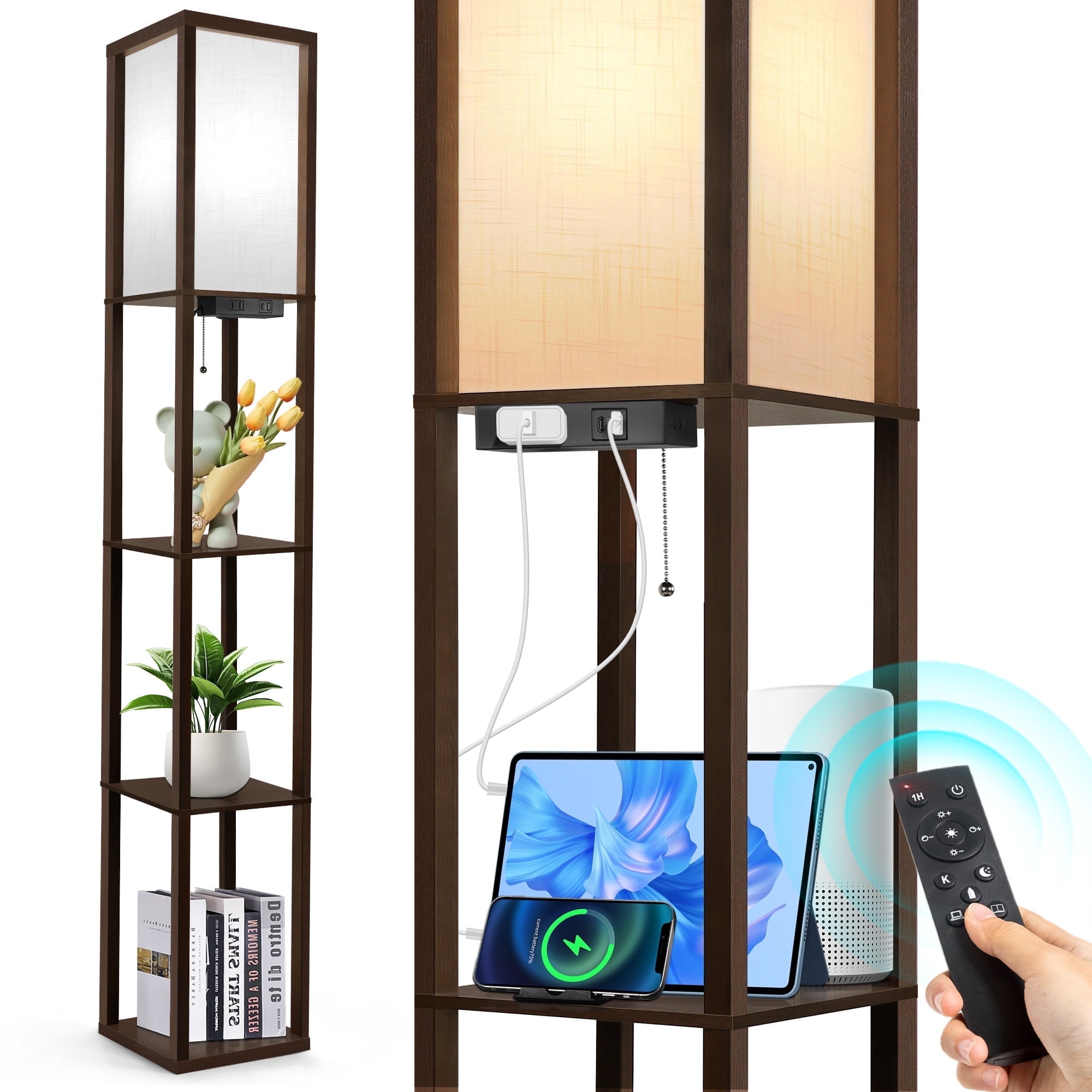 OUTON Floor Lamp with Shelves and Charging,  63.7''  Dimmable Standing Tall Wood Shelf Lamp with Remote for Living Room, Bedroom, Brown