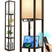 OUTON Floor Lamp with Shelves and Charging,  63.7''  Dimmable Standing Tall Wood Shelf Lamp with Remote for Living Room, Bedroom, Brown