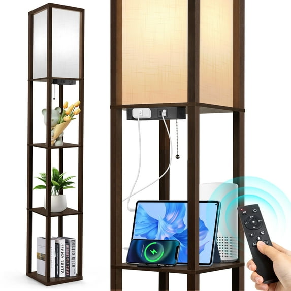 OUTON Floor Lamp with Shelves and Charging, 63.7'' Dimmable Standing Tall Wood Shelf Lamp with Remote for Living Room, Bedroom, Brown