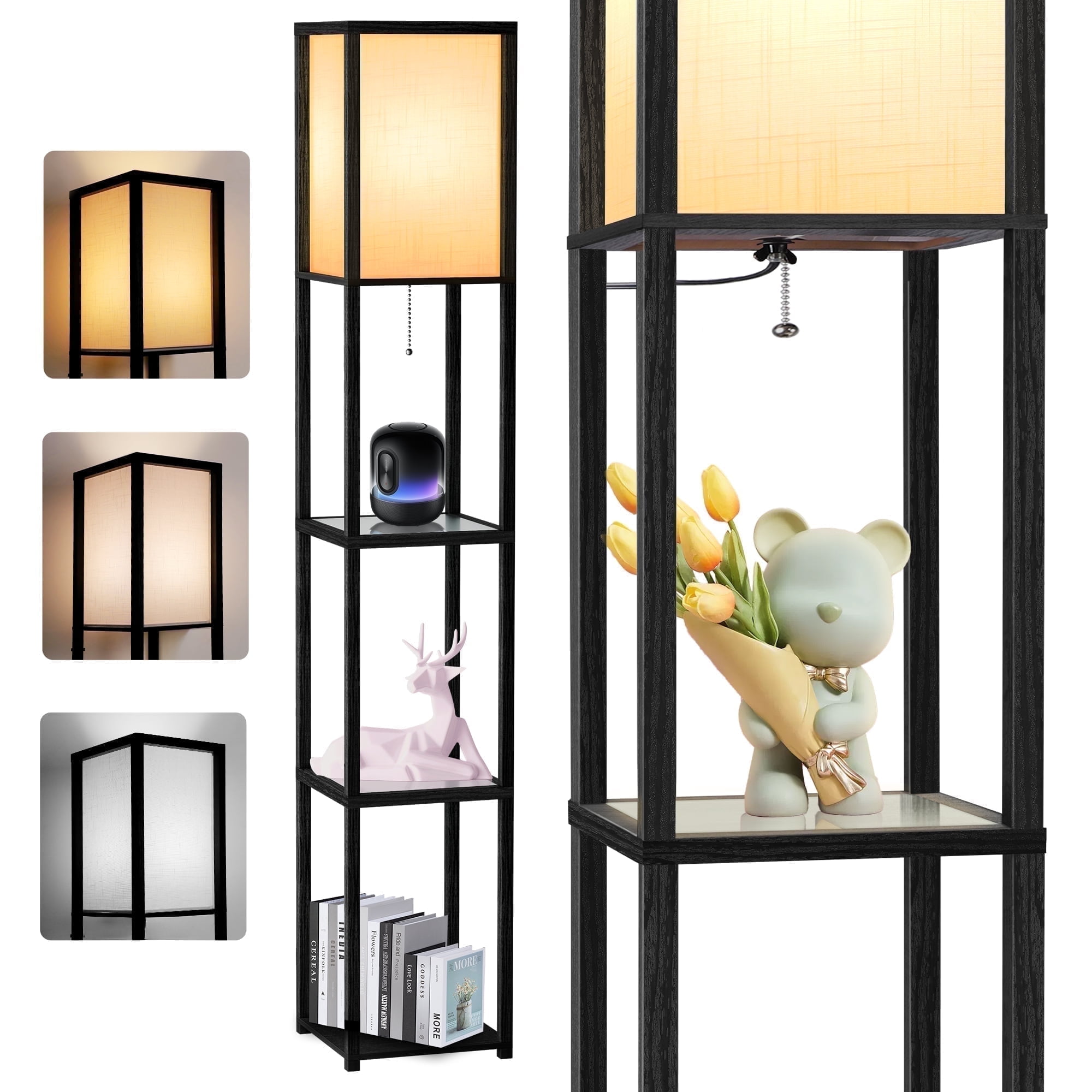 OUTON 65'' Floor Lamps with Shelves, Home Standing Lamp, Include 1080 Lumens Lighting Bulbs, Shelf Floor Lamp, Black Floor Lamps for Living Room, Bedroom, Lamp with Storage Dustproof