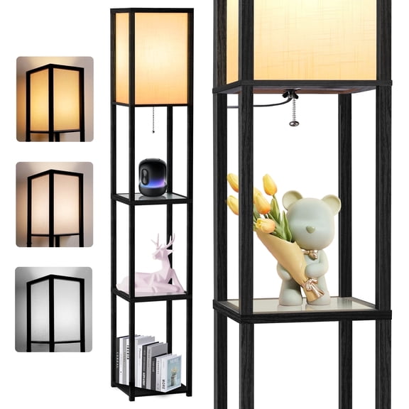 OUTON 65'' Floor Lamps with Shelves, Home Standing Lamp, Include 1080 Lumens Lighting Bulbs, Shelf Floor Lamp, Black Floor Lamps for Living Room, Bedroom, Lamp with Storage Dustproof