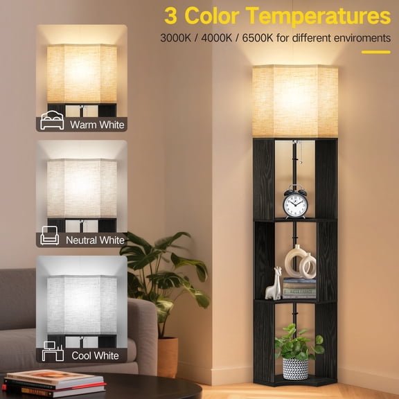 OUTON Floor Lamp with Shelves, Standing Lamp with 3 Color Temperature LED Bulb for Living Room Bedroom, Office