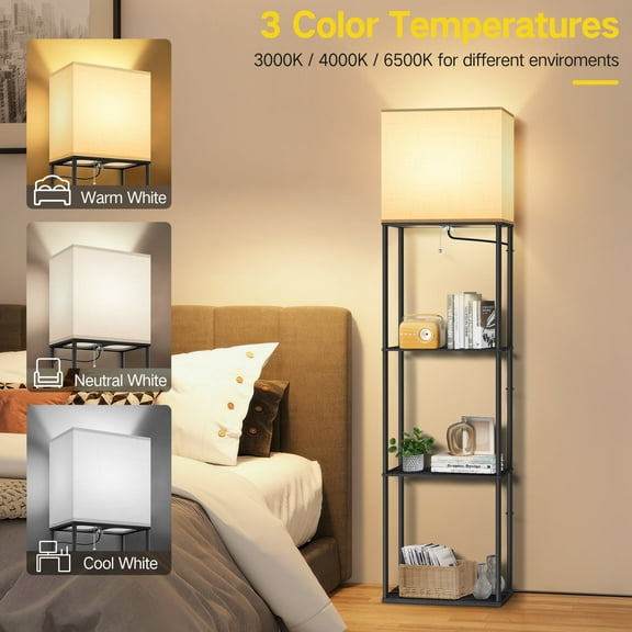 OUTON Floor Lamp with Shelves, 3 Color Temperature Standing Lamp with Linenshade for Living Room, Bedroom, Black