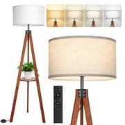 OUTON 59" Walnut Tripod Floor Lamp for Living Room, Modern Standing Lamps with Remote Control, 4 Color Temperature Dimmable Pole Light with Linen Shade for Bedroom, Office
