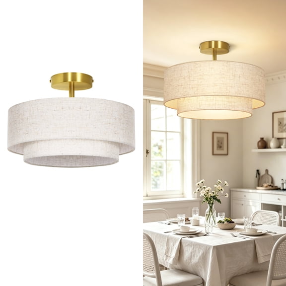 OUTON Flush Mount Ceiling Light, 16" Close to Ceiling Light with Linen Fabric Drum Shade,Drum Light Fixtures Ceiling Mount for Kitchen, Bedroom, Bathroom, Living Room, Hallway(Gold)