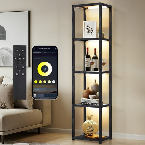 OUTON Display Shelf with Dimmable Lights, Lighted Display Cases for Collectibles,Display Cabinet, Floor Lamp with Shelves, Standing Lamp with Remote & APP Control for Living Room and Bedroom
