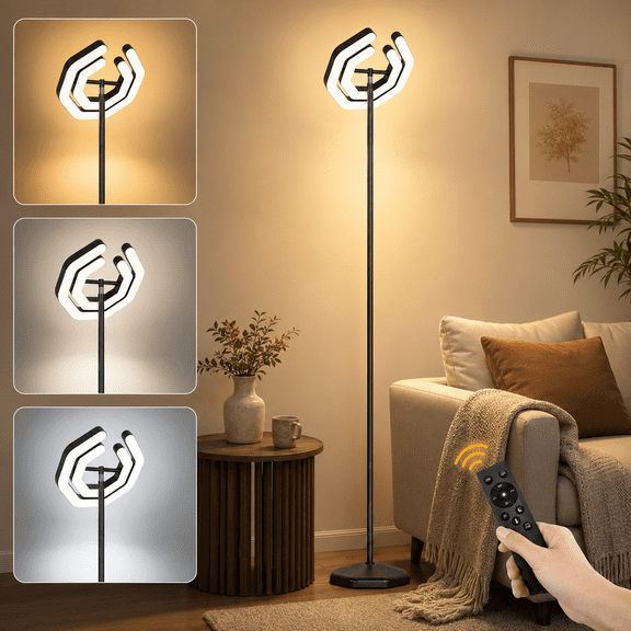OUTON Floor Lamps for Living Room, 30W/3000LM Bright LED Floor Lamp with Remote & 2 Rotatable Lights, 74" Dimmable Tall Standing Lamp, Modern Reading Torchiere Corner Lamp for Bedroom Office, Black
