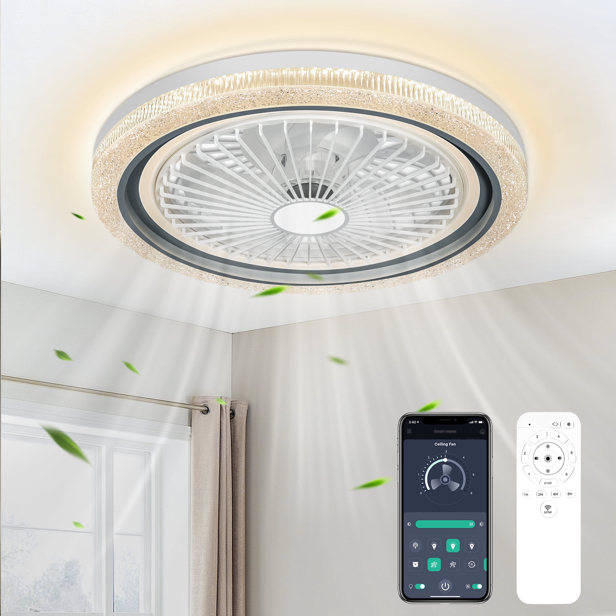 OUTON Indoor Modern Ceiling Fans with Lights, Remote, Dimmable LED, 6 Speeds, Reversible Blades