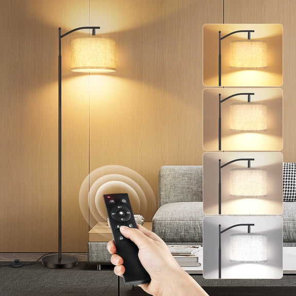 OUTON Modern Dimmable Arc Floor Lamp with Remote for Living Room, Tall Standing Lamp with Hanging Linen Shade, Metal Floor Lamp with 3 Color Temperatures LED Bulb for Bedroom Ofiice(Black)